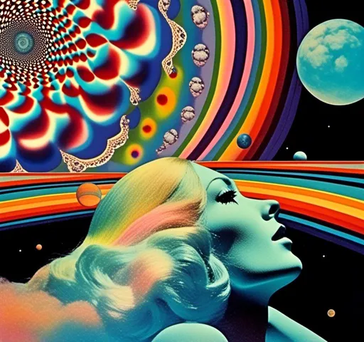 Prompt: A vintage 70s psychedelic collage with the theme “astral vacation”- incorporate themes of astral projection, the astral plane, the silver cord, use an astral brilliantly but sometimes muted opalescent color palette, & combine it all with planets, orbs, optical illusions and psychedelic trippy patterns, color spectrums as a surreal vintage psychedelic collage<mymodel>