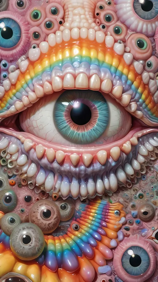 Prompt: an extremely hyper realistic ultra super textural weird trippy surreal psychedelic entity, Cardioid Shapes, white, translucent, clear, bright bright pastel colors, oil slick rainbow sheen effect, lots and lots of light, lots of crazy colorful compound psychedelic human eyes, rows of human teeth, fungus, atoms, diatoms, Cardioid Shapes