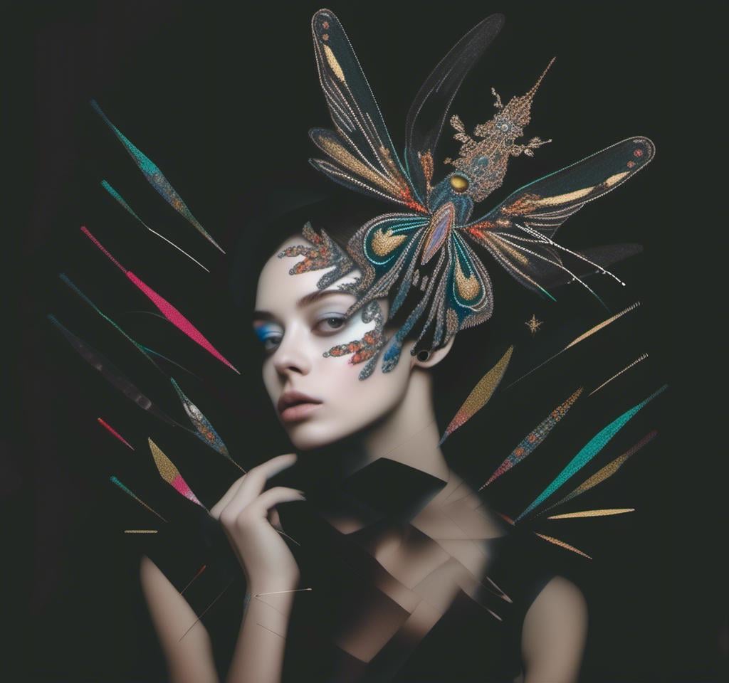 Prompt: a photograph of a woman (color or black and white) with multimedia elements added to create the appearance that she is a beautiful intricate moth, with moth wings and antennae created from paint, paper, photos, glitter, iridescent enamels, nail polish, rhinestones, thread and string, fabric, folded paper etc<mymodel>