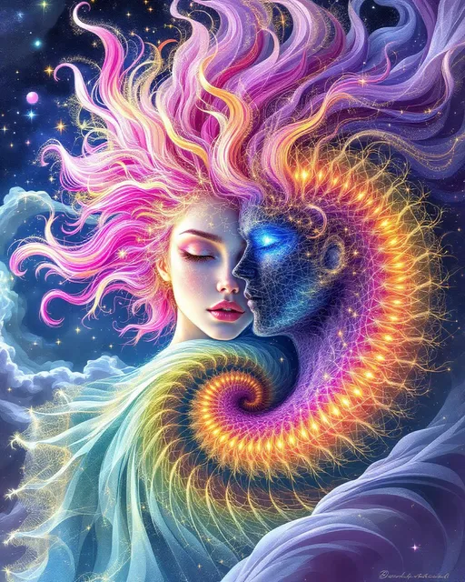Prompt: A La Planète Sauvage–style illustration of Merry and Derek in their pre-incarnate forms—no flesh, only pure geometry, fractals, and light. She is a radiant female entity formed from layered Mandelbrot spirals, blooming superformula curls, and nested translucent polyhedra. Her wild pink hair becomes plasma filaments arcing in golden-ratio helices, every strand etched with glowing math. Her body pulses with rainbow geometry—opalescent pinks, mint, lemon gold, lavender—flowing like emotion made visible.

He is her male counterpart, constructed of harmonic order: Derek appears as a lean lattice of magnetic symmetry—black-silver tessellations, Klein bottle musculature, and folded moiré fields. His bright cobalt eyes are vortex-like emitters of silent resonance, stabilizing the fractal storm she stirs. His form is angular, controlled, vibrating with structured calm.

They drift through the astral dimension of geometry: no ground, no sky—just glowing manifolds, orbiting tesseracts, and endless glyphs. Between them rotates a living rhombic dodecahedron—its faces open and fold, revealing memory encoded in light. They don’t speak—they transmit, ripple, orbit.

The space is saturated with probability fog, spectral logic, and sacred color math: glitched symmetry folds, Penrose tilings, tensor fields. Vast math-creatures drift through—wings made of fractal membranes, bodies formed from shifting constants.

Merry and Derek move as waveform and anchor, light and structure—resonant opposites, dancing in sacred orbit before matter.

Style: Hand-drawn La Planète Sauvage surrealism. Analog texture + glowing holofractal geometry. Her: radiant rainbow math. Him: dark harmonic structure.
