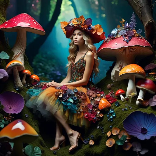 Prompt: <mymodel>Mushroom fairy princess in enchanted woodland, mushroom dress, magic mushrooms, woodland setting, nature-inspired accessories, high quality, fantasy, vibrant tones, ethereal lighting