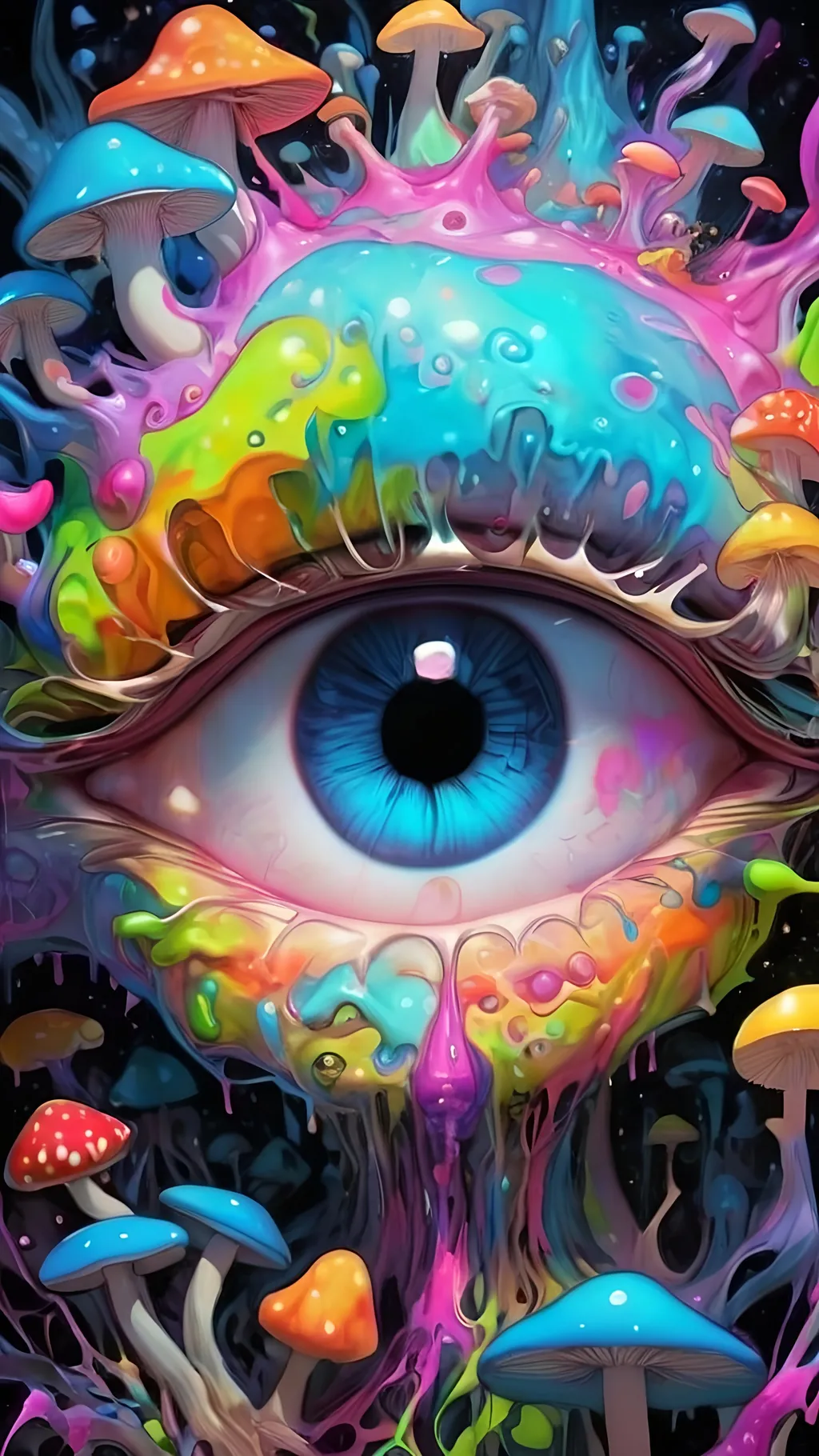 Prompt: Psychedelic, weird, surreal, bizarre, ineffable, numinous, lots of crazy weird inhuman psychedelic trippy eyes, melting, trippy, reality breaking down, hallucinations, drippy, dissolutionment, blobs,atoms, electrons, mushrooms, fractals, multidimensional, oozing, oridescent pastel colors,psychedelic hyper realism, ultra high resolution, surreal, digital art, intense lighting, bright pastel hues, abstract, detailed textures