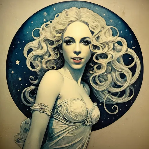 Prompt: Vintage Cyanotype print of a alien girl on the moon, long curly blond hair,  detailed silhouette, vintage artistic style, cool tones, subtle moonlight, high quality, cyanotype print, vintage, detailed silhouette, moon, girl, subtle lighting, cool tones