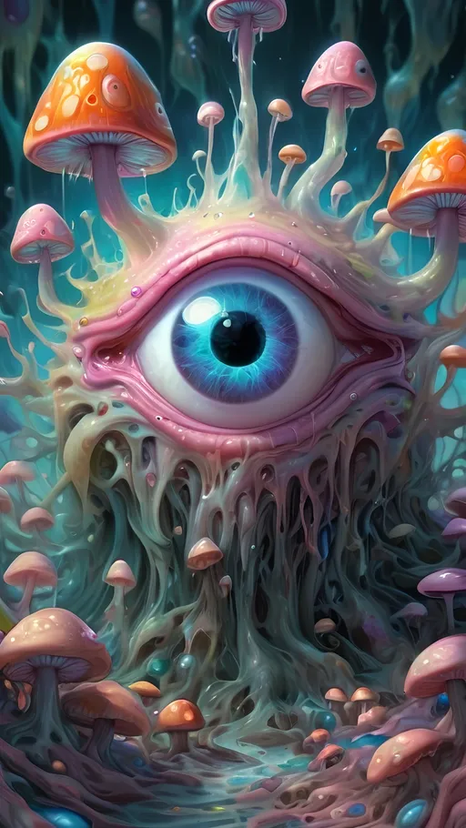 Prompt: Psychedelic, alien psychedelic eyes, weird, surreal, bizarre, ineffable, entity, numinous, lots of crazy weird inhuman psychedelic trippy eyes, melting, trippy, reality breaking down, hallucinations, drippy, dissolutionment, blobs,atoms, electrons, mushrooms, fractals, multidimensional, oozing, hyper cubes, geometry, fractals, third eye, big eyes, small eyes, crazy pupils, pastel colors,psychedelic hyper realism, ultra high resolution, surreal, digital art, intense lighting, bright pastel hues, abstract, confusing, looking at you, ultra detailed textures