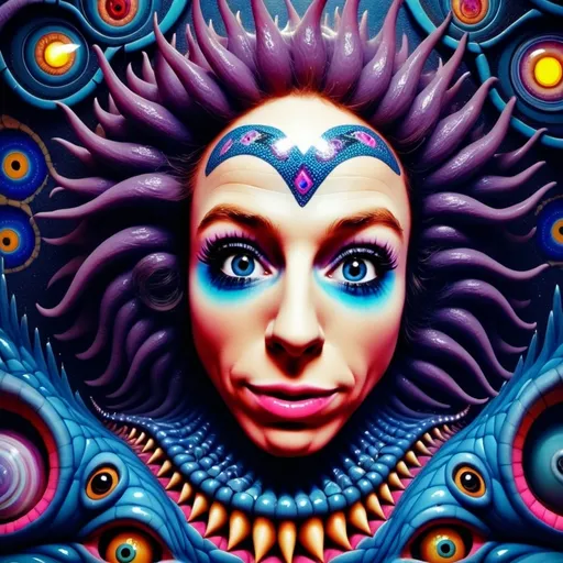 Prompt: a prompt for you:

"Create an intricate and surreal scene where a caucasian slim woman with long wild pink very curly hair and blue eyes is constructed entirely out of bizarre and fantastical elements. Her body is formed from a kaleidoscopic blend of minerals and crystals, such as shimmering amethysts, glowing opals, and jagged quartz, all interlocked in a mosaic-like pattern. Her hair cascades in wild curls made of flowing liquid metal, resembling mercury, with hints of iridescent oil-slick colors. Her eyes are luminous orbs, swirling with vibrant quantum energy, radiating soft neon blue and violet hues.

The background is an abstract, psychedelic dreamscape featuring fluid dynamics in motion—swirling, colorful waves of liquid that ripple and shift like a living, breathing entity. The scene is illuminated by ethereal astral light, casting soft, otherworldly glows and subtle shadows on her crystalline form. The lighting has a bioluminescent quality, with a glowing palette of neon pinks, blues, purples, and greens, reminiscent of the works of Alex Grey and Peter Max.

The style is a fusion of retro psychedelic collage and high-tech digital surrealism, with hyper-detailed textures and a glossy, almost holographic finish. The mood is both mesmerizing and slightly eerie, as though the viewer is peering into an alternate dimension where organic and inorganic elements merge seamlessly. Fine, delicate outlines define her form, while the edges of the scene blur into a dreamy, otherworldly haze. The overall composition is vibrant, chaotic, and hypnotic, with a sense of infinite depth and mystery."