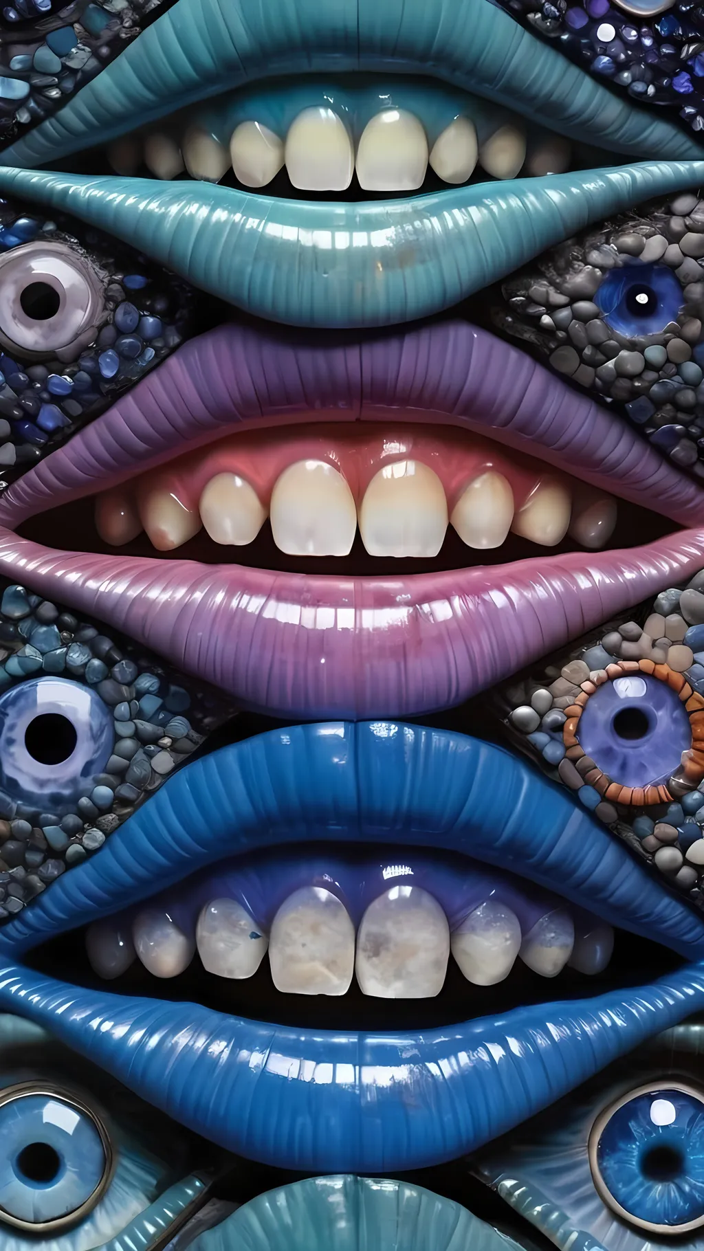 Prompt: Create an extremely hyper-realistic, ultra super textural, weird, trippy, surreal, psychedelic eyes/teeth/mouth pattern/design based on “Hypocycloid” & “op art tiling” with lots of human eyes (crazy colorful compound psychedelic), rows of human teeth, human lips, and tongues. 

- **Colors**: determined by the natural properties and expressions of the elements (& their isotopes), raw rough minerals, and metals: Nickel (Ni), Tanzanite, Feldspar, Pectolite, Lazurite,  Indicolite

**Shapes and forms**
- “Hypocycloid”
-other shapes determined by the natural properties and expressions of the elements (& their isotopes), raw rough minerals, metals, and biological organisms: Fluorite, Nickel (Ni), Tanzanite, Feldspar, Pectolite, Lazurite, Indicolite

- **Textures**: Derived from any/all elements (& their isotopes), minerals, metals, crystals, organic things mentioned in this prompt: “Hypocycloid”, Fluorite, Nickel (Ni), Tanzanite, Feldspar, Pectolite, Lazurite, Indicolite

**Composition and Layout**:
- a pattern/design based on the “Hypocycloid”

**Lighting**
- lots and lots of bright shining reflective light


**Detail and Atmosphere**:
- Extreme hyperrealistic sharp high detail high definition organic and mineral textures
- Psychedelic, weird, odd, surreal atmosphere
- Frozen in time

**Additional Elements**:
- extra rows of teeth, lips, many eyes, “Hypocycloid”, Aventurescence, Chatoyancy
