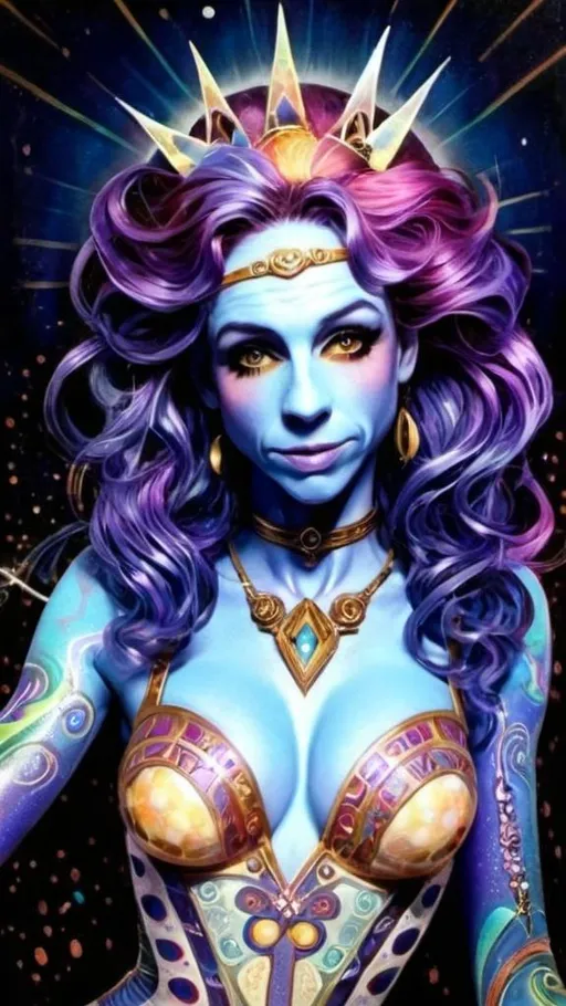 Prompt: Create a surreal, psychedelic cosmic goddess in a vibrant Art Nouveau style. The figure is a celestial jester with a glowing, otherworldly blue skin tone, adorned with intricate, textured patterns. Her hair is long, wavy, and multicolored, flowing like liquid rainbows. She wears a form-fitting, shimmering bodysuit with iridescent, pastel colors and delicate beadwork, blending fractals and op art tiling. Her jester hat has curved, striped horns tipped with glowing orbs, radiating soft light. Around her neck and chest are ornate, jeweled chokers and pendants, glowing with cosmic energy. 

The background is a star-filled galaxy, with vibrant nebulae and twinkling stars casting a soft, ethereal glow. Subtle fractal patterns and glowing geometric shapes float around her, enhancing the mystical atmosphere. Her pose is graceful and commanding, with hands outstretched, palms glowing with radiant energy. The entire scene exudes a blend of cosmic mysticism, psychedelic aesthetics, and vintage circus vibes, with a focus on intricate details and vibrant, harmonious colors.