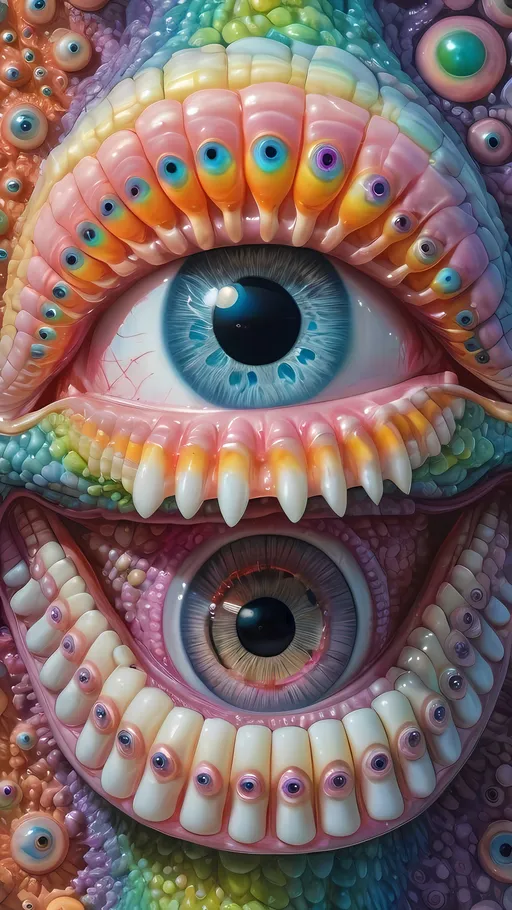 Prompt: an extremely hyper realistic ultra super textural weird trippy surreal psychedelic entity, Diophantus spiral, white, translucent, clear, bright bright pastel colors, oil slick rainbow sheen effect, lots and lots of light, lots of crazy colorful compound psychedelic human eyes, rows of human teeth, fungus, atoms, diatoms, diophantine spirals