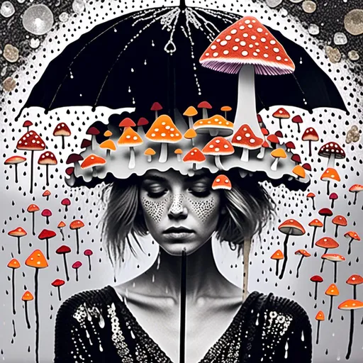 Prompt: <mymodel>Mixed media collage of a fungus fairy girl in the rain, mushroom umbrella, black and white and color photography, paint, glitter, sequins, metal, magazines, glass, unique textures, ethereal atmosphere, high quality, whimsical, surreal, fairy, mushroom umbrella, mixed media, collage, fungus girl, rain, unique textures, ethereal, surreal, magical, detailed wings, sparkling details