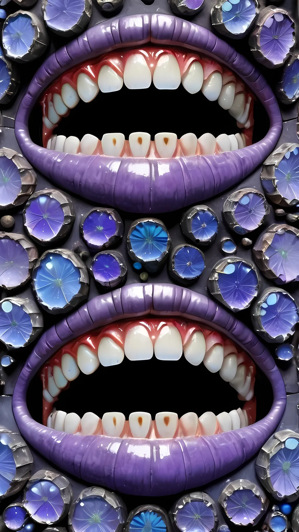 Prompt: Create an extremely hyper-realistic, ultra super textural, weird, trippy, surreal, psychedelic eyes/teeth/mouth pattern/design based on “ Graptopetalum amethystinum” & “op art tiling” with lots of human eyes (crazy colorful compound psychedelic), rows of human teeth, human lips, and tongues. 

- **Colors**: determined by the properties and expressions of the elements (& their isotopes), minerals, and metals: Nickel (Ni), Tanzanite, Feldspar, Pectolite, “Graptopetalum amethystinum”

**Shapes and forms**
- “Graptopetalum amethystinum”
-other shapes determined by the natural properties and expressions of the elements (& their isotopes), minerals, metals, and biological organisms: diatoms, Nickel (Ni), Tanzanite, Feldspar, Pectolite

- **Textures**: Derived from any/all elements (& their isotopes), minerals, metals, crystals, organic things mentioned in this prompt: “Graptopetalum amethystinum” Nickel (Ni), Tanzanite, Feldspar, Pectolite

**Composition and Layout**:
- a pattern/design based on the “graptopetalum amethystinum”

**Lighting**lots and lots of bright shining reflective light


**Detail and Atmosphere**:
- Extreme hyperrealistic sharp high detail high definition organic and mineral textures
- Psychedelic, weird, odd, surreal atmosphere
- Frozen in time

**Additional Elements**:
- extra rows of teeth, lips, many eyes, diatoms, “Graptopetalum amethystinum”, Aventurescence, Chatoyancy
