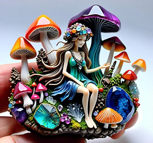 Prompt: A beautiful crystal gemstone mushroom fairy queen, adoring/holding/wearing mushrooms, her clothes are weaved of fungus, she has fungus in her hair and fungal/slime mold accessories- except the whole scene is created out of shining textural gemstones, gemstone patterns, labradorites, quartz amethyst ruby apatite kyanite opal crystals and other gemstones create the scene<mymodel>