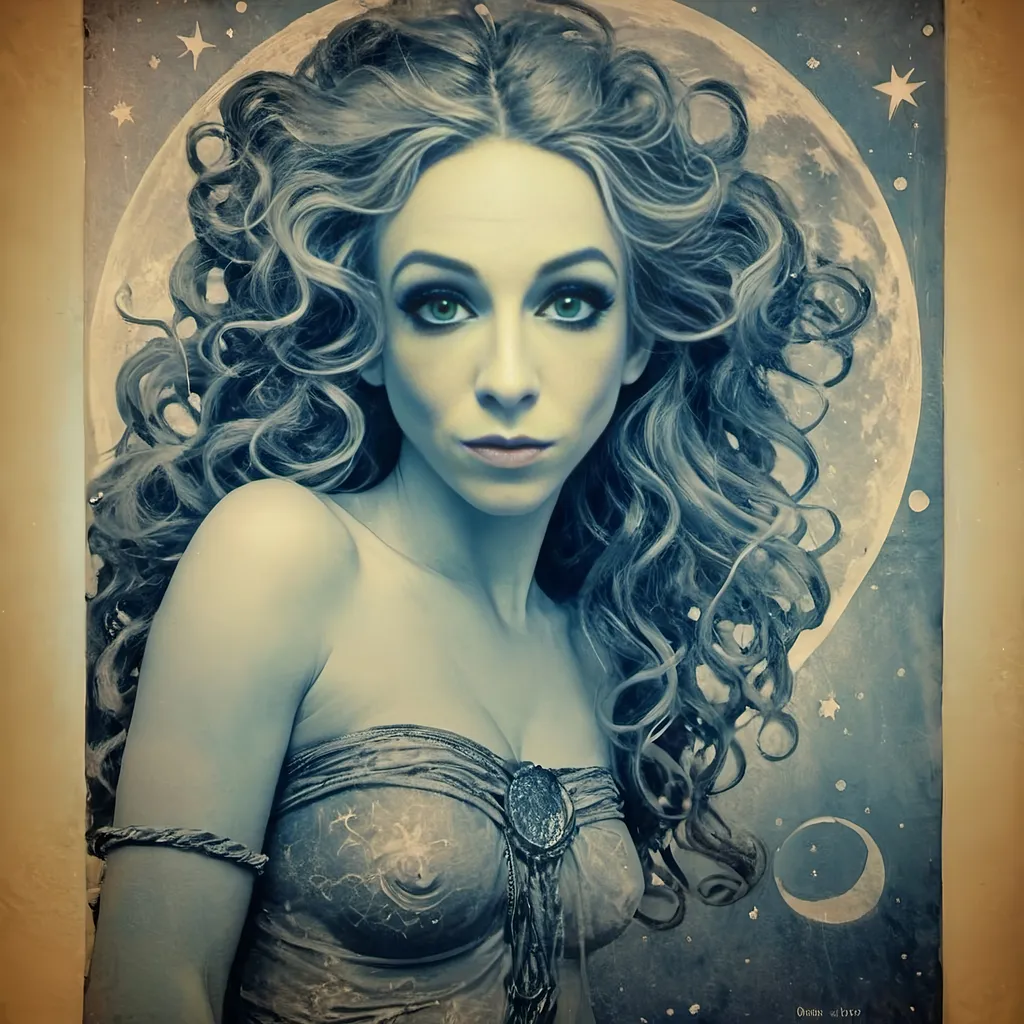 Prompt: Vintage Cyanotype print of a alien girl on the moon, long curly blond hair,  detailed silhouette, vintage artistic style, cool tones, subtle moonlight, high quality, cyanotype print, vintage, detailed silhouette, moon, girl, subtle lighting, cool tones