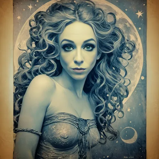 Prompt: Vintage Cyanotype print of a alien girl on the moon, long curly blond hair,  detailed silhouette, vintage artistic style, cool tones, subtle moonlight, high quality, cyanotype print, vintage, detailed silhouette, moon, girl, subtle lighting, cool tones