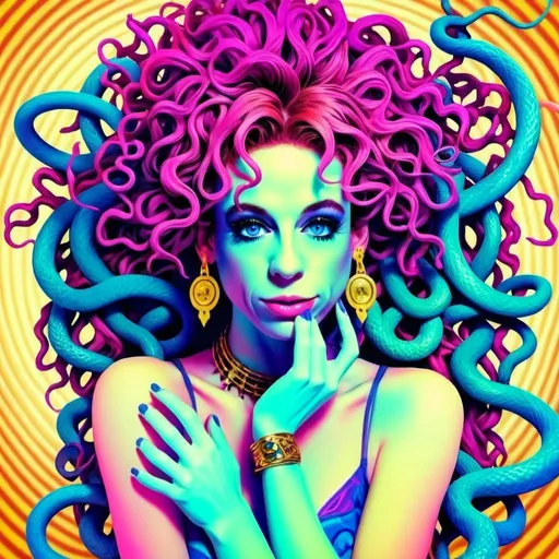 Prompt: A surreal, psychedelic portrayal of Medusa, where you, a caucasian slim woman with long wild pink very curly hair and piercing blue eyes, embody the mythical figure in a dreamlike, kaleidoscopic setting. Your pink curls morph into a cascade of neon, glowing snakes in shades of electric green, ultraviolet purple, and fiery orange, their scales shimmering like liquid crystal under a blacklight. The snakes coil and writhe around your head in hypnotic, fractal patterns, their eyes glowing with an otherworldly luminescence.

Your skin glows with iridescent hues, shifting between soft pastel pinks, radiant blues, and golden yellows, as though lit from within by the energy of the cosmos. The background is a swirling vortex of psychedelic patterns, reminiscent of the works of Alex Grey and Peter Max, with intricate mandalas, paisley designs, and spiraling galaxies in a vivid color palette of magentas, teals, and lime greens. 

The scene has a retro-futuristic, analog collage feel, with textures that resemble hand-painted brushstrokes and airbrushed gradients. The lighting is dramatic, almost celestial, with beams of light breaking through the swirling patterns, casting glowing highlights across your face and the snakes. The mood is seductive yet dangerous, with an aura of divine power and mystery.

Your blue eyes are mesmerizing, glowing like twin pools of bioluminescent light, drawing the viewer into your hypnotic gaze. The snakes seem alive with movement, their scales catching the light in dazzling, prismatic reflections. The outlines are soft and fluid, blending seamlessly into the background, giving the entire image a dreamlike, ethereal quality.