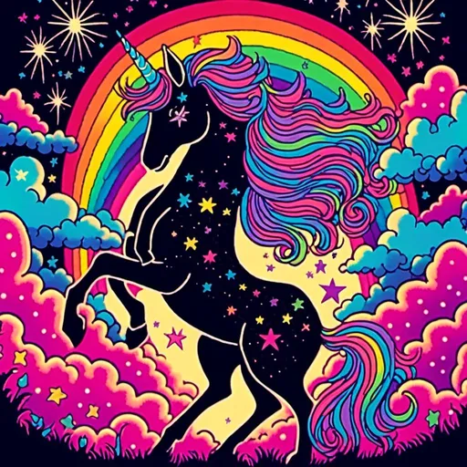 Prompt: <mymodel>Vintage 70s black light poster art illustration of a sparkly unicorn, fluffy white clouds with rainbows, psychedelic colors, retro art style, vibrant neon tones, glowing black light effect, detailed mane and tail, dreamy atmosphere, high quality, retro, psychedelic, vibrant colors, detailed illustration, soft pastel tones, glowing neon, vintage design, fantasy art