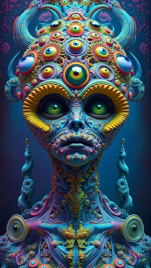 Prompt: An extremely super hyper detailed hyperrealistic weird surreal trippy psychedelic entity manifests, adorned with a multitude of psychedelic compound human eyes, arranged meticulously in a Fibonacci Spiral tiling pattern. These eyes, vibrant and entrancing, create a mesmerizing visual symphony. Rows upon rows of psychedelic teeth form a fractal-like pattern akin to the Mandelbrot Set, spiraling endlessly.

The entity's skin is a shimmering tapestry of iridescent Ammolite, displaying a spectrum of colors that shift with every movement. Interspersed are cubic Fluorite crystals in pale yellow, contrasting vividly with the backdrop. Swirling through its form are veins of Charoite, vivid purple strands weaving cosmic energy throughout its being.

On a microscopic level, Quantum Foam bubbles and fluctuates, giving the entity an ethereal, ever-changing appearance. Vibrating Quantum Strings hint at the fundamental nature of its existence, while Quantum Entanglement weaves an invisible web, linking its myriad parts in a dance of interconnectedness.

The background is a surreal landscape inspired by the Voronoi Tiling pattern, resembling an infinite cellular structure. The ground is a mosaic of royal blue Sodalite, with veins of white calcite creating a natural yet otherworldly pattern. Above, a sky of swirling Quantum Wave Functions paints a picture of potential realities, each wave a probability, each crest a possibility.

This entity embodies the fusion of mathematical precision and quantum chaos, a creation born from the abstract merging of natural, microscopic elements, minerals, and quantum phenomena, existing in a realm where reality and imagination blur into one.