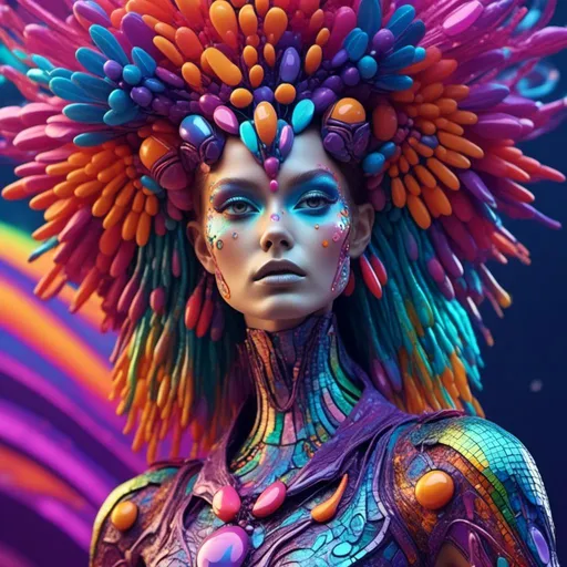 Prompt: <mymodel>High-quality 3D rendering of an extraterrestrial female, vibrant and colorful makeup, futuristic alien high fashion, ads-automotive style, alien goddess, detailed skin texture, otherworldly beauty, vibrant colors, cosmic makeup, holographic clothing, sleek design, professional lighting, sci-fi, highres, ultra-detailed, futuristic, vibrant tones, cosmic lighting