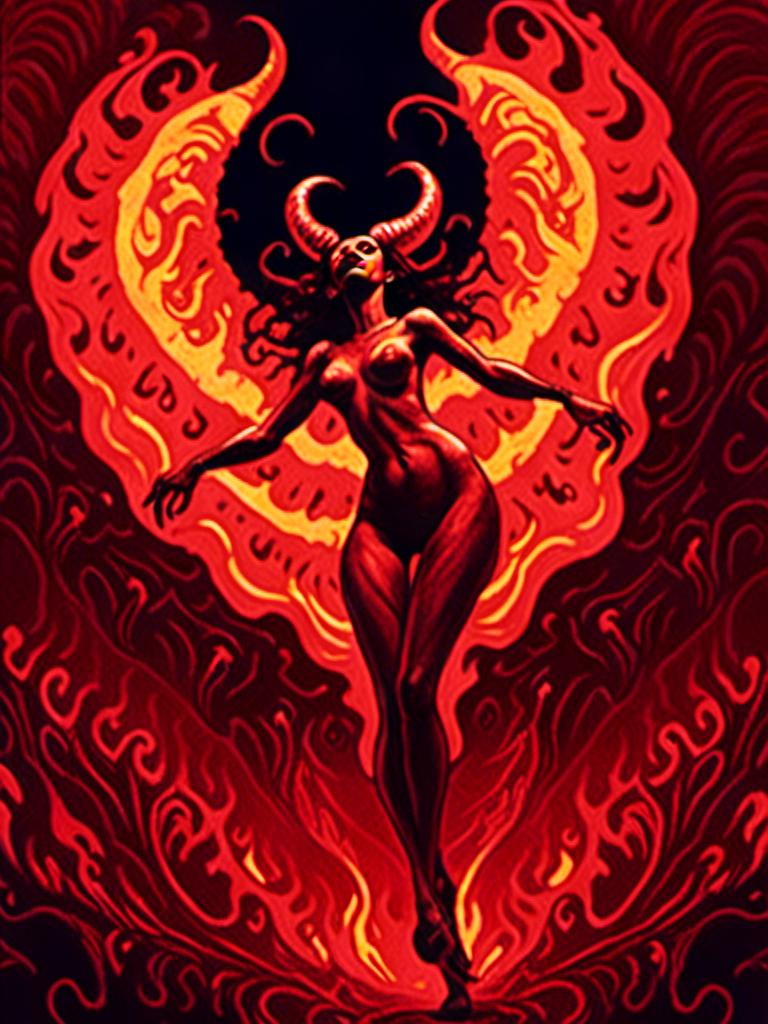 Prompt: <mymodel>Beautiful succubus devil woman Lilith dancing in hellfire, digital art, detailed demonic features, highres, dark fantasy, fiery tones, intense lighting, sedu.ctive dance, goat legs, hooves and horns, tail swaying, hellish atmosphere