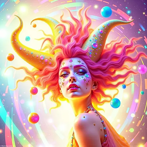Prompt: A super hyperrealistic yet also illustrative and creative female cosmic jester, made entirely of swirling pure colored light, with long wild curly hair that appears pink but is a dazzling spectrum of hues shimmering beneath the surface. She is adorned in beautiful avant-garde "astral" jester's attire, complete with intricate clown makeup that glimmers like stardust and a definitive jester's hat adorned with miniature galaxies that orbit its tips. Her ensemble includes exquisite accoutrements—ornate cosmic bangles that hum with the resonance of distant quasars and an ethereal cape that flows like liquid auroras. She sparkles, shines, and dazzles in a mesmerizing swirl of ever-changing colors, embodying the essence of cosmic whimsy and wonder. Perched atop an enormous, spinning Möbius strip made of liquid starlight, she juggles glowing quantum orbs that flicker between states of existence, each orb containing a miniature universe that pulses with fractal patterns. The background is a psychedelic tapestry of hyperdimensional geometry, where constellations rearrange themselves into impossible shapes, and stars pulse to the rhythm of an unheard cosmic melody. Fractal tessellations resembling Escher-like infinity loops cascade through the scene, while quantum entanglement trails connect her juggling orbs in a dance of light. Möbius transformations ripple through the liquid starlight, creating endless loops of brilliance, as pulsating nebulas, astral winds swirling with cosmic dust, and shimmering auroras flow like liquid silk across the infinite expanse.