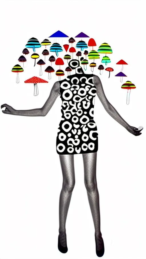 Prompt: A mixed media collage of a black and white photograph of a young woman growing all kinds of colorful multimedia psychedelic mushrooms and fungus out of her body (incorporate things like- but are not limited to - vibrant paints, enamels, glitters, metallic foils, newspaper and magazine cut paper, paint spatter, etc)<mymodel>