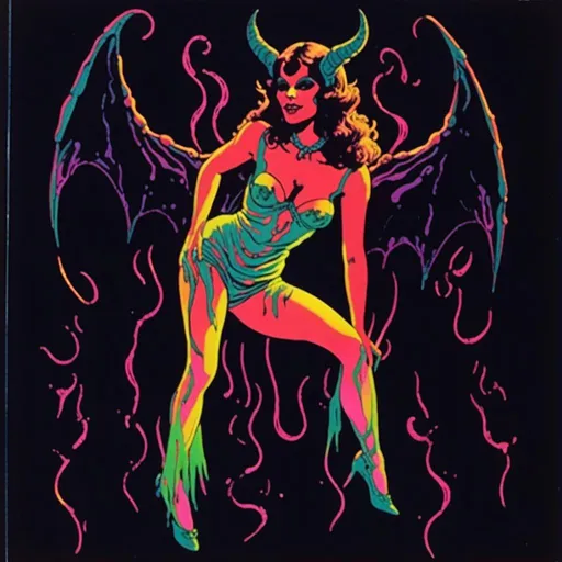 Prompt: <mymodel>Vintage 70s black light poster art of a succubus demoness, latex suit, dancing in pink and orange hued flames of hell, rockabilly pop punk style, vibrant colors, psychedelic, detailed figure, retro vibes, atmospheric lighting, highres, 70s vintage, demoness, latex, flames, rockabilly, pop punk, vibrant colors, psychedelic, retro, detailed, atmospheric lighting