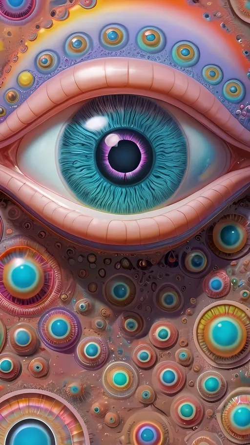 Prompt: an extremely hyper realistic ultra super textural weird trippy surreal psychedelic entity, Peano Curve, apollonian gaskets, catenoids, white, translucent, clear, bright bright feminine pastel colors, oil slick rainbow sheen effect, lots and lots of light, lots of crazy colorful compound psychedelic human eyes, rows of human teeth, fungus, radiolarians,  atoms, diatoms, enneper sufaces, apollonian gaskets, Peano Curve