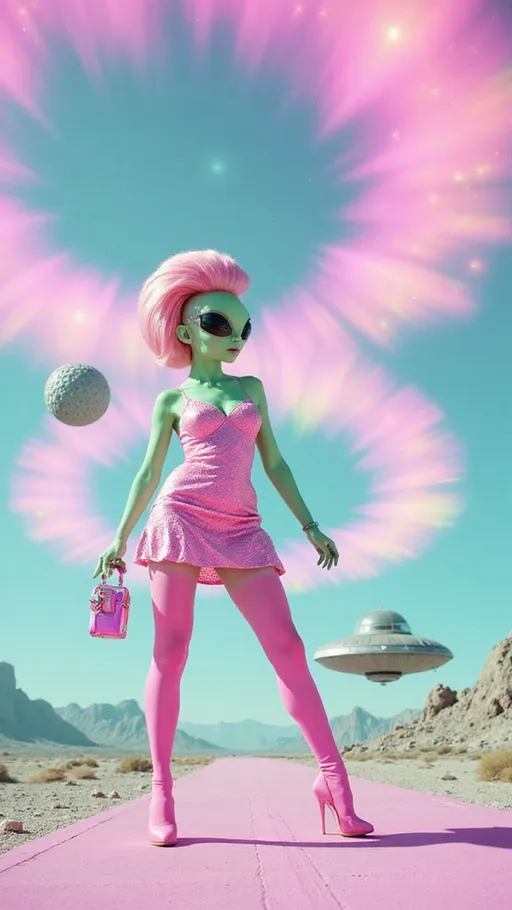 Prompt: A hyper-feminine alien babe on a chrome-pink asteroid runway, posing mid-stride in a gravity-defying 1960s-style minidress made from shimmering holofractal latex, her skin mint-green and glowing. Her towering bouffant wig in bubblegum pink is swirled with holographic rainbow strands, topped with a crystal satellite hairpin. Her oversized almond shaped solid black eyes reflect a candy-colored nebula. One hand holds a smoking raygun with heart-shaped vents, the other grips a holographic purse pulsing with fractal light. Around her, floating billboards advertise Martian cosmetics in 8-bit glitch. Behind her, a vintage UFO with tail fins hovers, and giant black-and-white moiré spirals rotate across the landscape like portals. The sky is saturated teal, layered with pastel starbursts and soft film grain. Everything glows with retro analog glamour, colors popping like technicolor TV tuned to the wrong frequency.

Style: 1960s retrofuturism meets glam-trash space fashion. Medium: analog film look with digital polish. Finish: grainy, glittery, glossy, vivid. Vibe: campy, fabulous, weird as hell.