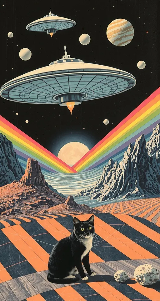 Prompt: <mymodel> Vintage 70s psychedelic surreal sci-fi Collage, analog, cut & paste, outer space, rainbows, spectrum, optical illusions/trippy patterns, surreal alien landscapes, UFOs, « little green men », psilocybin mushrooms, geometric shapes , planets, orbs, black night sky with stars, in the center, cats, 