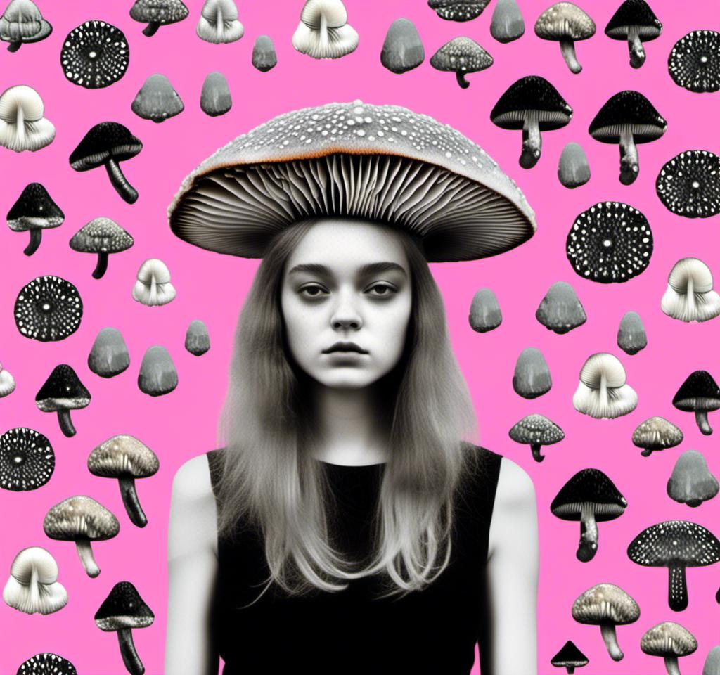 Prompt: a mixed media collage of a girl wearing or growing mushrooms/fungus as clothing body parts and accessories. She is a black and white or halftone photograph, the mushrooms and fungal growths are to be mixed media, including but not limited to paint, enamel, foils, glitter, sparkle, sequins, found objects, natural items, rhinestones etc <mymodel>