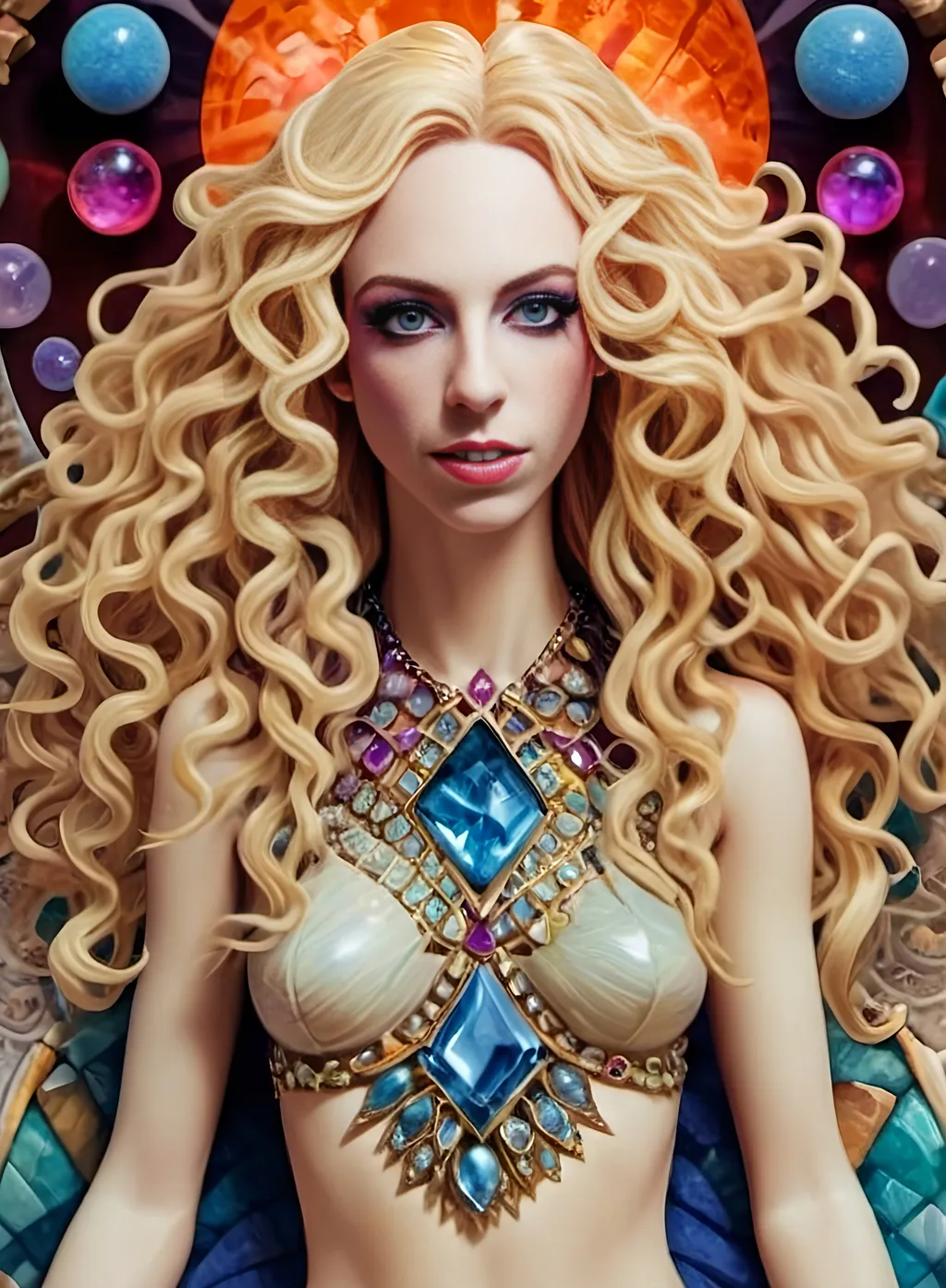 Prompt: <mymodel>ego death, woman long blond curly hair, figurine,  trippy extremely ultra hyperrealistic, high texture high detail psychedelic hallucination created entirely out of Gemstone, gemstones, crystals, crystal, psychedelic, texture, ego death, geometric shapes, fractals made out of gemstones gemstone textures minerals mineral texture banding crystals crystal clusters formations