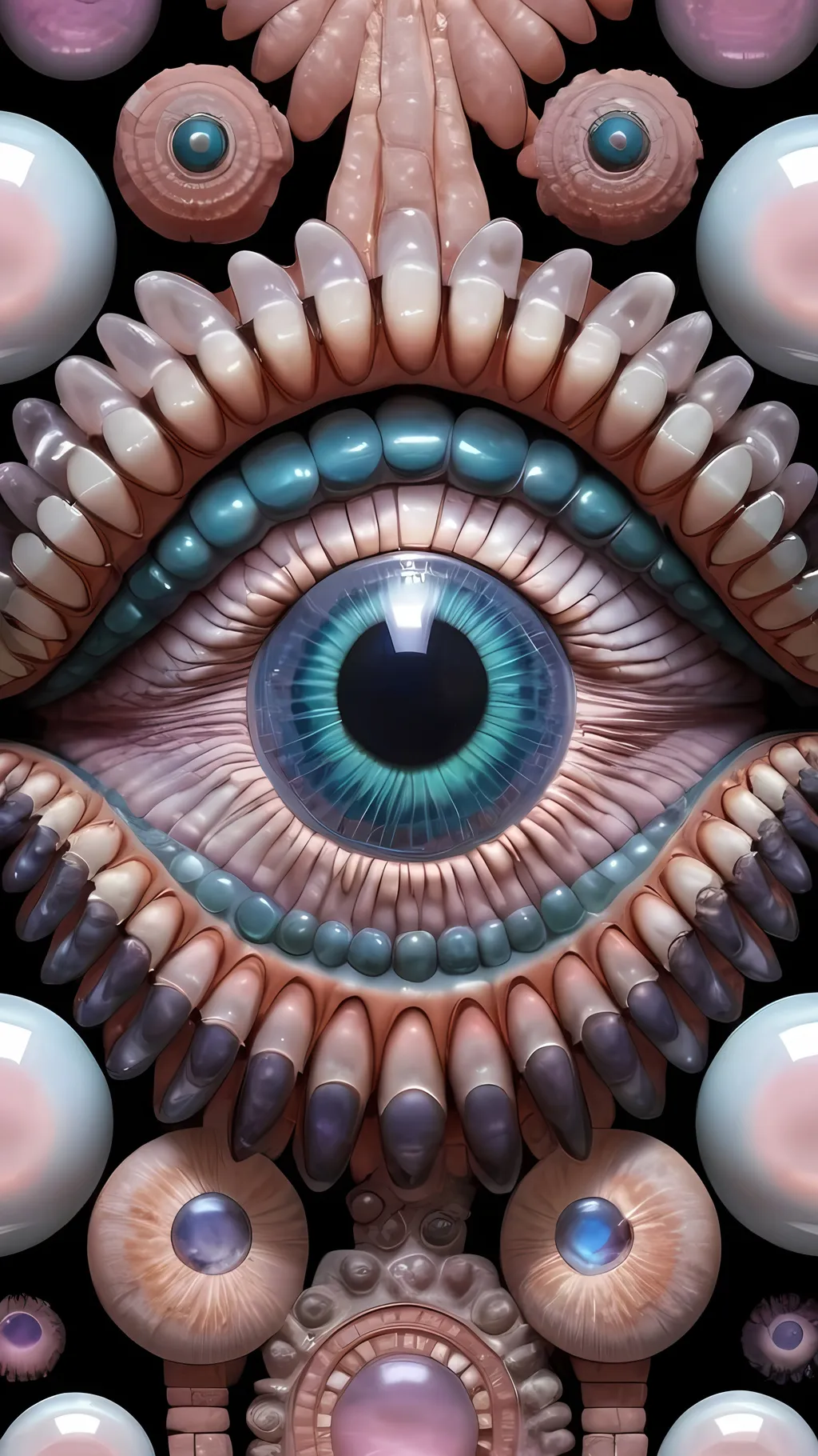 Prompt: Create an extremely hyper-realistic, ultra super textural, weird, trippy, surreal, psychedelic eyes/teeth/mouth pattern/design based on Mandelbrot & “Op Art tiling” with lots of human eyes (crazy colorful compound psychedelic), rows of human teeth, human lips, and tongues. 

- **Colors**: determined by the properties and expressions of the elements (& their isotopes), minerals, and metals: opal, moonstone, Kunzite, selenite, rose quartz, Palladium (Pd), “Fusarium verticillioides”

**Shapes and forms**
- Mandelbrot 
- "Op Art tiling" 
-other shapes determined by the natural properties and expressions of the elements (& their isotopes), minerals, metals, and biological organisms: opal, moonstone, Kunzite, selenite, rose quartz,  Palladium (Pd), “Fusarium verticillioides”


- **Textures**: Derived from any/all elements (& their isotopes), minerals, metals, crystals, organic things mentioned in this prompt: opal, moonstone, Kunzite, selenite, rose quartz, Palladium (Pd), “Fusarium verticillioides”

**Composition and Layout**:
- a pattern/design based on the Op Art tiling & Mandelbrot 

**Lighting**:
- lots of bright light
- Iridescence
- Aventurescence
- Chatoyancy
- Asterism

**Detail and Atmosphere**:
- Extreme hyperrealistic sharp high detail high definition organic and mineral textures
- Psychedelic, weird, odd, surreal atmosphere
- Frozen in time

**Additional Elements**:
- extra rows of teeth, lips, many eyes, Op Art tiling, Mandelbrot, Iridescence, Aventurescence, Chatoyancy
