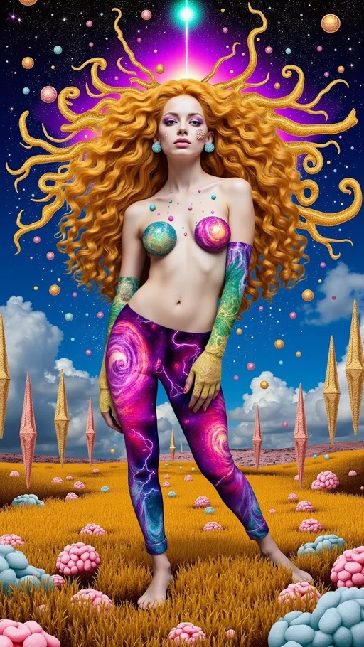 Prompt: **An extremely super hyperrealistic ultra high definition super fine textured psychedelic humanoid female creature:**
She is a dazzling embodiment of surreal beauty, her form a blend of human and cosmic. Her wild, curly hair erupts in a golden cascade, each strand shimmering with shifting hues—platinum, amber, and iridescent rainbows. The curls twist into fractal spirals, endlessly morphing like living tendrils of light.
Her skin radiates an inner glow, transitioning fluidly between lavender, electric blue, and coral, creating a soft, otherworldly luminescence. Freckles scatter across her face, but each one is a swirling galaxy, alive with tiny stars and nebulae. Her eyes are deep and infinite, twin pools of liquid stardust with pupils that expand and contract like black holes, surrounded by fractal rainbows. Her lips glimmer faintly, as though kissed by bioluminescent fireflies, and her elongated ears curve upward, adorned with coral-like spirals that emit a soft, pulsating glow.
Her hands are delicate, her fingers tipped with nails that shimmer like opals, constantly shifting colors. Her features are elegant yet subtly alien—her cheekbones too high, her symmetry too perfect, exuding an eerie, magnetic allure.
**Background Setting:**
She stands in a boundless meadow beneath a psychedelic sky alive with motion. Above, the heavens swirl with vibrant mandalas and pulsating geometric shapes, glowing in hues of magenta, teal, and gold. The ground is covered in grass made of liquid crystal, refracting light into shimmering rainbows with her every step. Bioluminescent flowers bloom around her, their glowing petals resembling floating jellyfish.
In the distance, crystalline towers pierce the sky, their surfaces reflecting the kaleidoscopic chaos above. Ethereal creatures, part bird and part jellyfish, drift through the air, leaving trails of shimmering stardust. The entire world pulses with an unearthly rhythm, as though alive and attuned to her presence.
