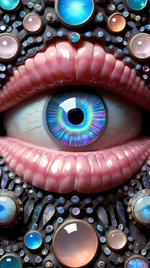 Prompt: Create an extremely hyper-realistic, ultra super textural, weird, trippy, surreal, psychedelic eyes/teeth/mouth pattern/design based on Mandelbrot & “Op Art tiling” with lots of human eyes (crazy colorful compound psychedelic), rows of human teeth, human lips, and tongues. 

- **Colors**: determined by the properties and expressions of the elements (& their isotopes), minerals, and metals: opal, moonstone, Kunzite, selenite, rose quartz, Palladium (Pd), “Fusarium verticillioides”

**Shapes and forms**
- Mandelbrot 
- "Op Art tiling" 
-other shapes determined by the natural properties and expressions of the elements (& their isotopes), minerals, metals, and biological organisms: opal, moonstone, Kunzite, selenite, rose quartz,  Palladium (Pd), “Fusarium verticillioides”


- **Textures**: Derived from any/all elements (& their isotopes), minerals, metals, crystals, organic things mentioned in this prompt: opal, moonstone, Kunzite, selenite, rose quartz, Palladium (Pd), “Fusarium verticillioides”

**Composition and Layout**:
- a pattern/design based on the Op Art tiling & Mandelbrot 

**Lighting**:
- lots of bright light
- Iridescence
- Aventurescence
- Chatoyancy
- Asterism

**Detail and Atmosphere**:
- Extreme hyperrealistic sharp high detail high definition organic and mineral textures
- Psychedelic, weird, odd, surreal atmosphere
- Frozen in time

**Additional Elements**:
- extra rows of teeth, lips, many eyes, Op Art tiling, Mandelbrot, Iridescence, Aventurescence, Chatoyancy
