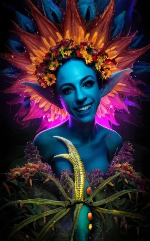 Prompt: Extreme psychedelic hyperrealism- Super high definition ultra textural floral entity psychedelic hallucination surrealism, psychedelic alien flower creature, detailed, highres, intense colors, eerie lighting, bizarre features, unsettling atmosphere, otherworldly, distorted proportions, mind-bending, dreamlike, abstract,, organic textures