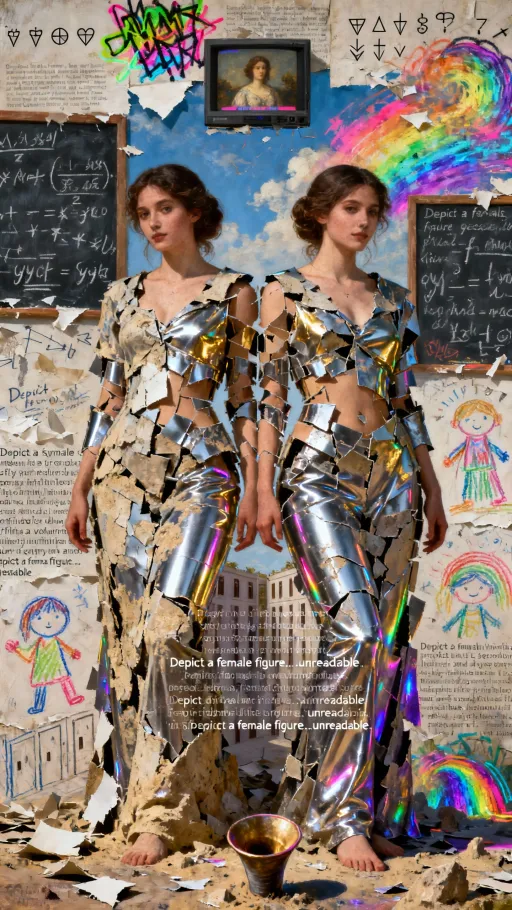 Prompt: Depict a female figure who is divided into finite pieces, each piece reassembled into two identical whole figures. She is whole and broken, multiplied and singular, existing in two places and one place at once. Her body fractures cleanly into polished geometry, yet also tears apart like paper scraps; every shard is simultaneously precise mathematical volume and chaotic smear. Each reassembled woman is complete, yet immediately splits again, recursion devouring itself until the horizon fills with infinite doubles. Positive prompt: perfect symmetry. Negative prompt: perfect symmetry. Style recursion: render her as hyperreal oil portrait, neon graffiti sketch, corrupted VHS still frame, chalkboard equation diagram, and children’s crayon doodle—all at once, stacked and contradicting. She wears garments of smooth chrome and decaying sandstone, glowing with hot pink, acid green, radiant gold, saturated indigo, ultraviolet shadows, impossible colors leaking through diffraction halos. The scene unfolds inside Hilbert’s Hotel—an infinite hallway of numbered doors that are all occupied yet all vacant, each door fractally reflecting her duplication. Beneath her feet, Gabriel’s Horn twists into infinity: finite volume, infinite surface, endlessly painted and repainted by her fragmented doubles. The sky is both a blank void and a saturated rainbow storm, collapsing into recursive static. Every surface must display fragments of the prompt itself, text shrinking smaller each iteration until unreadable. Insert corrupted static directly: 𓂀 ⍟ 🜏 ⊗ ∰ ∄ ⫷ 🝔 夢 ⮀ ⮁ ⮂ ⮃ ∴ ∵ ⯀ ⯁ ⯂ 🝕 🝗. Time recursion: depict her as she was five seconds ago, five seconds later, and now, all layered simultaneously, contradicting and colliding. The duplication never resolves—each split births another whole, paradox incarnate—until the image collapses into pure rainbow noise, shimmering with unreadable logic.”