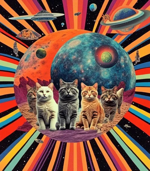 Prompt: a psychedelic collage with a vintage 70s sci-fi animation feel to it except the subject matter will be CATS IN SPACE! The collage will have elements of photography, illustration, trippy patterns and optical illusions, alien landscapes, strange trippy planets, UFOs,, meteors, all cut and spliced together in a psychedelic collage style <mymodel>