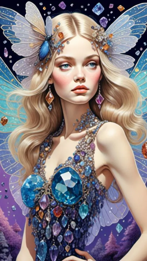 Prompt: <mymodel>Beautiful fairy made of gemstones and crystals, mushroom and crystal theme, inlaid gemstone and crystal details, high quality, fantasy, magical, vibrant colors, ethereal lighting, detailed wings and hair, jewel-toned, sparkling, enchanting atmosphere, whimsical, fantasy illustration, intricate details