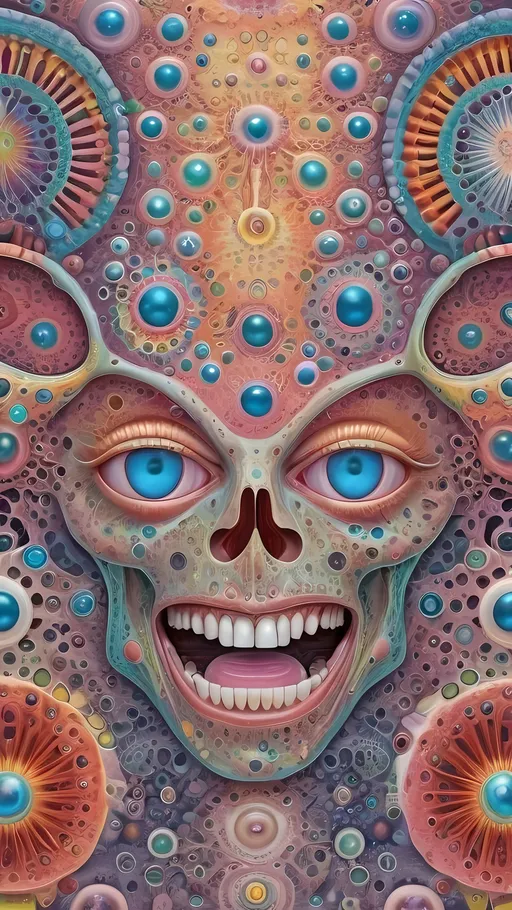 Prompt: an extremely hyper realistic ultra super textural weird trippy surreal psychedelic entity, gosper Curve, apollonian gaskets, catenoids, white, translucent, clear, bright bright feminine pastel colors, oil slick rainbow sheen effect, lots and lots of light, lots of crazy colorful compound psychedelic human eyes, rows of human teeth, fungus, radiolarians,  atoms, diatoms, enneper sufaces, apollonian gaskets, gosper Curve