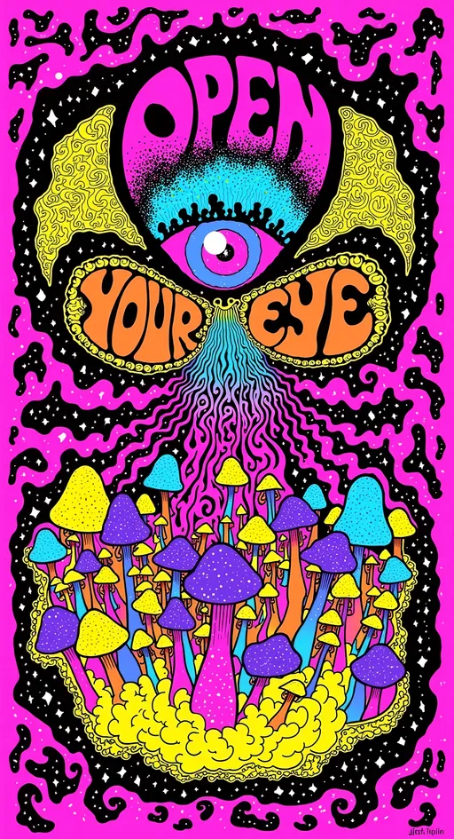 Prompt: **Open Your Eye - Psychedelic Art Prompt**

Create an artwork centered around a collection of vibrant psilocybin mushrooms. These mushrooms should be depicted with rich, swirling colors and intricate patterns, embodying the essence of a psychedelic experience.

Above the mushrooms, design a large, mesmerizing eye. This eye is the focal point, filled with kaleidoscopic colors and intricate details that suggest a deep connection to universal knowledge and consciousness. It should be both captivating and otherworldly, drawing viewers into its depths.

Incorporate the phrase "OPEN YOUR EYE" into the composition, using a bold and trippy font that complements the psychedelic theme. The text should seamlessly integrate with the design, becoming part of the visual journey.

The negative space is alive with fractals, geometric hallucinations, and melting op art patterns, creating a busy and immersive background that enhances the overall psychedelic vibe.

This artwork should balance hyperrealistic textures with an illustrative, artistic style, capturing the transformative power of opening one's mind to new dimensions. 🌌🍄👁️

Let this prompt guide you in creating a piece that is both visually stunning and deeply evocative!