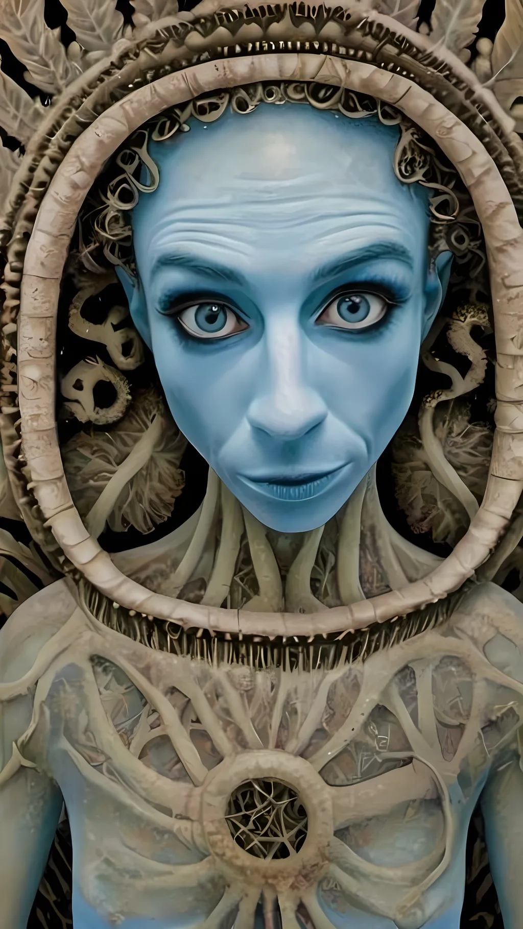 Prompt: Imagine a surreal portrait of yourself as a blue-skinned alien, inspired by the whimsical and grotesque style of Roland Topor. Your alien self has elongated limbs and exaggerated features, with large, expressive eyes that convey a sense of curiosity and mischief. The skin is a rich, cerulean blue with intricate patterns and textures, reminiscent of Topor's detailed line work. The background is a dreamlike landscape, filled with bizarre and otherworldly flora that seem to dance and sway. The overall composition is both unsettling and enchanting, capturing the essence of Topor's fantastical and absurd artistry. Key elements include surrealism, grotesque beauty, intricate patterns, and a whimsical alien world.