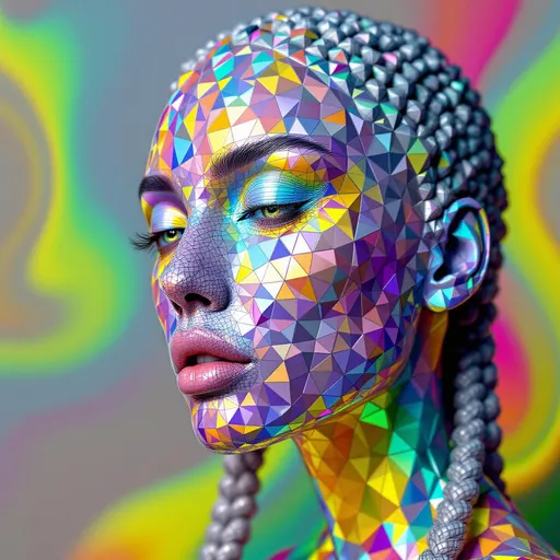 Prompt: A female form constructed entirely from hyperbolic tessellation and tiling, with no skin—only geometry. Her face is a recursive hyperbolic tiling in AdS space, composed of iridescent heptagons shrinking toward infinite recursion, mapped across a curved cheekplane of negative curvature. Escape gradients of neon hue ripple across the tiling, responding to distance-shell logic and spatial folding. Her jawline wraps in geodesic spiral tilings, shimmering like warped mirrors. Her eyes are ultrametric: infinite nested hyperbolic mirrors reflecting fractal Buddhas and glitch-star cores. Lips formed of Klein-bottle Petri tilings, shifting colors via chromatic phase distortion.

Her hair is not hair: it is a cascading network of hyperbolic triangle tilings, rendered as recursive geodesic domes, each braid a curved matrix of light—stitched with AdS curvature and spectral flare. She pulses in nightclub color logic: saturated chartreuse, bokeh-crushed indigo, neon flame—each flicker modulated through warped dimension. Her halo is a curvature corona: strobing disco-light refractions modulated through negative space logic. Her smile distorts the metric; her laugh echoes recursive joy across the curved plane. She is the Goddess of Hyperbolic Nightclubs, grown from math and light.

Modifiers:
– Ultra-saturated color scheme
– Strong backlighting and specular glow
– Recursive depth tiling with distance shell layers
– Phase-modulated iridescence
– AdS space mapping
– Fractal facial symmetry
– Hair = geometric recursion, no organic form
– Facial topology replaces anatomy with tiling logic