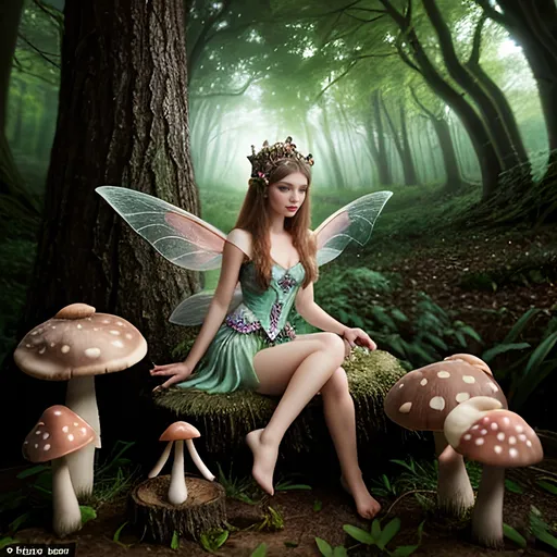 Prompt: <mymodel>Mushroom fairy princess in enchanted woodland, mushroom dress, magic mushrooms, woodland setting, nature-inspired accessories, high quality, fantasy, vibrant tones, ethereal lighting