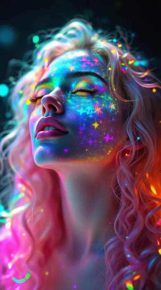 Prompt: She radiates joyful recursion—her face aglow with Newton fractal basin webs, each iridescent patch a rainbow logic map flickering with emotion. Cheekbones prism into crystal lattices—thought-nodes sparkle like math gems, pulsing with cognitive harmony. Every blink sends spectral ripples across skin; laughter folds into light. Her hair—a wild, living storm of long pink curls—burns in fractal flame trails, each strand trailing neon fire that morphs in chaotic colorbursts. The curls twist in self-affine defiance, scaling and warping across invisible axes—no symmetry, just vibrant mathplay. Her whole head is an attractor bloom: color feedback, glitch flickers, and dreamcode shimmer. Holographic math sigils orbit her like joyful satellites, reacting to her giggle-fields. She is a lightfield girl, glitch-goddess of fractal joy and radiant chaos.”
—
 Visual Keywords:
Rainbow Newton fractals, crystal lattice cheekbones, pink fractal flame curls, self-affine chaos hair, math sigils, joyful glitch aura, neon colorburst, recursive laughter light, holographic emotion field