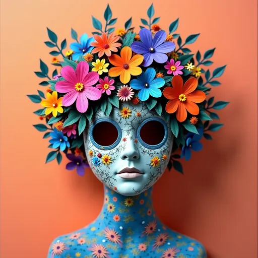 Prompt: To create a mask design featuring floral and botanical hats, collars, and accessories with a psychedelic twist, all made from mixed media paper techniques, here's a detailed AI art prompt:

"Design a mask showcasing floral and botanical hats, collars, and accessories with a psychedelic twist. The entire composition should be crafted from mixed media paper techniques, including folded paper, origami, handmade paper, paper forms, cut paper, and quilling. Incorporate elements like sequins, beads, metallic foils, and glitters to add texture and shine. Use newspaper as a base material to add an eclectic touch. The floral and botanical elements should be vibrant and surreal, with exaggerated colors and whimsical patterns typical of a psychedelic style. The accessories should be intricately detailed, with a harmonious blend of textures and forms, creating a visually captivating and imaginative piece. The background should be a solid color to highlight the mask's elaborate details."