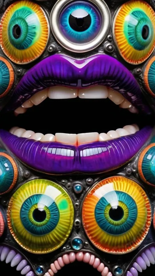 Prompt: an extremely hyper realistic ultra super textural weird trippy surreal psychedelic pattern, psychedelic human mouths, lips, rows of mouths, Diophantine Spirals, translucent, charcoal black black, blown glass, pearlescent finish, inlaid opal, glittering crystal accents, silver, pyrite, quartz,, chrome, bright vivid teals, blues, pinks/yellows/greens,purples,  lots and lots of light, lots of crazy colorful compound psychedelic human eyes, rows of human teeth, human lips, tongues, fungus,  atoms, diatoms, diatomic, algae, bryozoans, Diophantine Spirals, extreme high definition organic and mineral textures