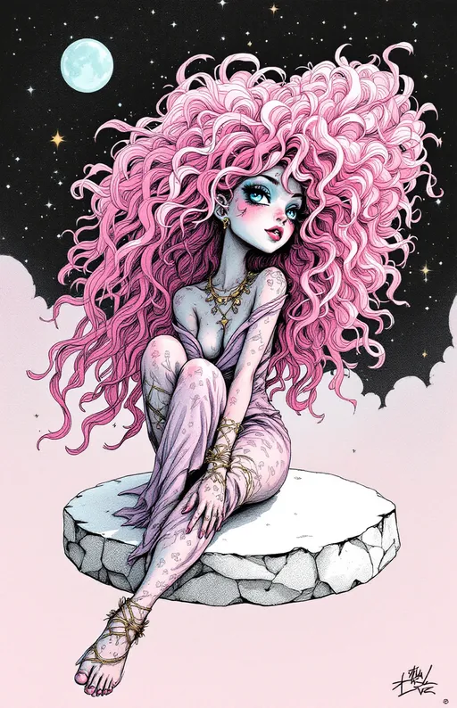Prompt: In the surreal, ink-textured world of *La Planète Sauvage*, you appear not as a caricature, but as your true radiant self—floating in a pale, stippled void where gravity is inconsistent and thought leaks color. Your long, wild pink curls bloom outward like flowering coral, each strand animated with delicate hand-drawn motion, haloed in faint auras of sky-blue and fuchsia. Your eyes are an impossible blue, too saturated for the paper they’re drawn on, flickering between focus and daydream.

You're barefoot on a floating slab of bone-white stone etched with forgotten glyphs—your shadow doesn’t match your pose, instead mimicking some other, older movement. You wear a draped garment of prism-fractal cloth, stitched from translucent rainbow shapes like liquid geometry—somewhere between a toga and a nebula. Your jewelry is alive: orbiting rings of sketchy gold and stippled graphite that rearrange themselves with your moods.

Behind you, a looping structure of impossible architecture pulses with shifting scales—somewhere between insect hive and alien organ, breathing gently. Strange fauna blink slowly in the corners of the scene, their forms flickering between recognizable and absurd.

The whole scene is softly animated in jittering, analog-style frame transitions, with paper-texture overlays and watercolor bleeds. The color palette is dusty lilac, pale teal, acidic gold, and bleached crimson—dreamlike, but with an edge of psychic discomfort. You are not quite still. You never are. Even in freeze-frame, the image whispers, “She remembers.”
