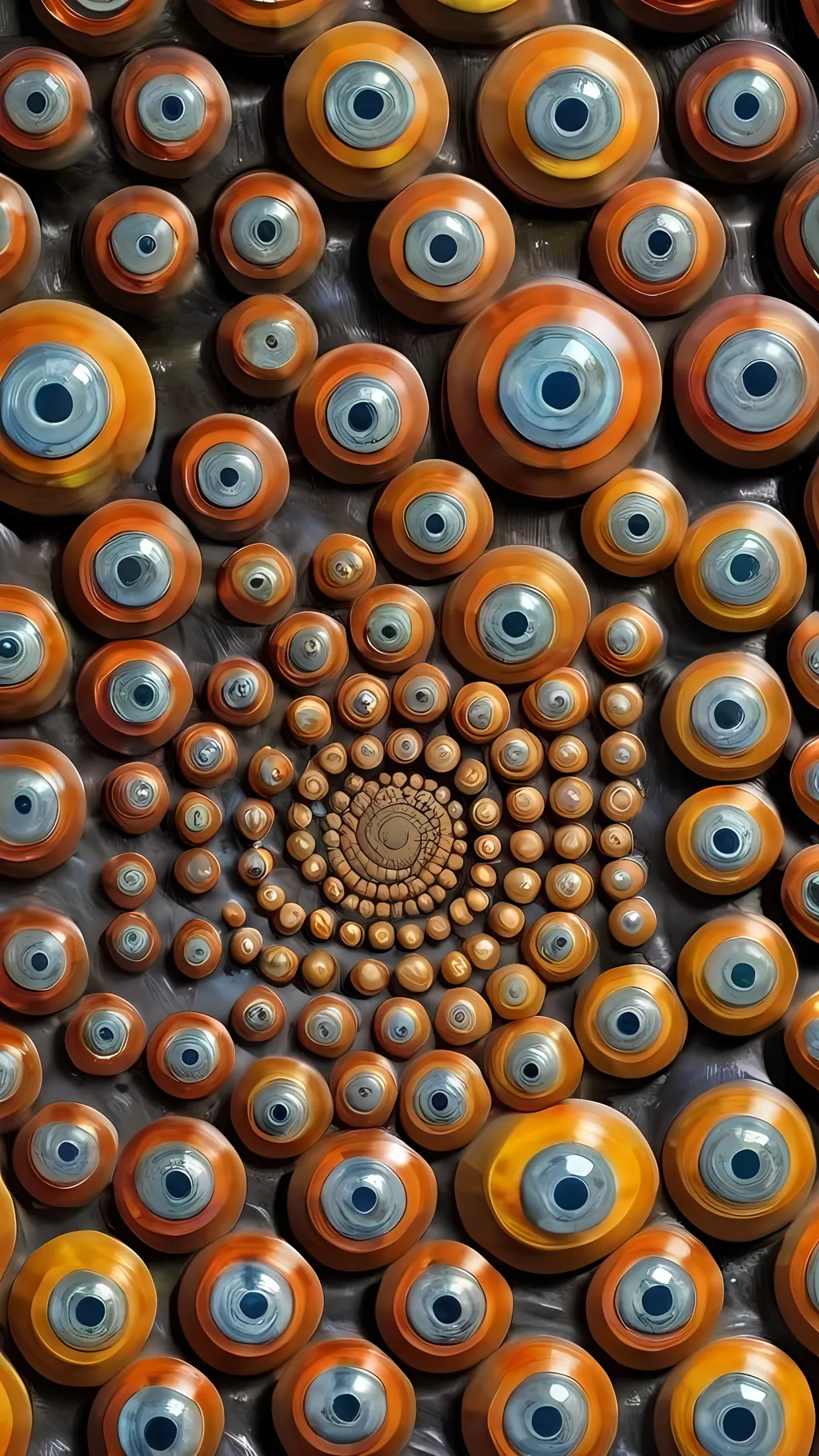 Prompt: Create an extremely hyper-realistic, ultra super textural, weird, trippy, surreal, psychedelic eyes/teeth/mouth pattern/design based on “Fibonacci Spirals” & “op art tiling” with lots of human eyes (crazy colorful compound psychedelic), rows of human teeth, human lips, and tongues. 

- **Colors**: determined by the natural properties and expressions of the elements (& their isotopes), raw rough minerals, and metals: Molybdenum (Mo), Sphalerite, Orpiment, obsidian, sulfur, Heliodor

**Shapes and forms**
- main form: “Fibonacci Spirals”
-other shapes determined by the natural properties and expressions of the elements (& their isotopes), raw rough minerals, metals, and biological organisms: Molybdenum (Mo), Sphalerite, Orpiment, obsidian, sulfur, Heliodor

- **Textures**: Derived from any/all elements (& their isotopes), minerals, metals, crystals, organic things mentioned in this prompt: “Fibonacci Spirals”, Molybdenum (Mo), Sphalerite, Orpiment, obsidian, sulfur, Heliodor

**Composition and Layout**:
- a pattern/design based on “Fibonacci Spirals”
-bilateral symmetry

**Lighting**
- lots and lots of bright shining reflective light


**Detail and Atmosphere**:
- Extreme hyperrealistic sharp high detail high definition organic and mineral textures
- Psychedelic, weird, odd, surreal atmosphere
- Frozen in time

**Additional Elements**:
- extra rows of teeth, lips, many eyes, “Fibonacci Spirals”, Aventurescence, Chatoyancy
