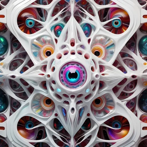 Prompt: a translucent white many sided multidimensional extra dimensional geometric shape churning through many extra dimensions etherically, covered in eyes, biological and mechanical simultaneously with random pops of brilliant vibid psychedelic color 