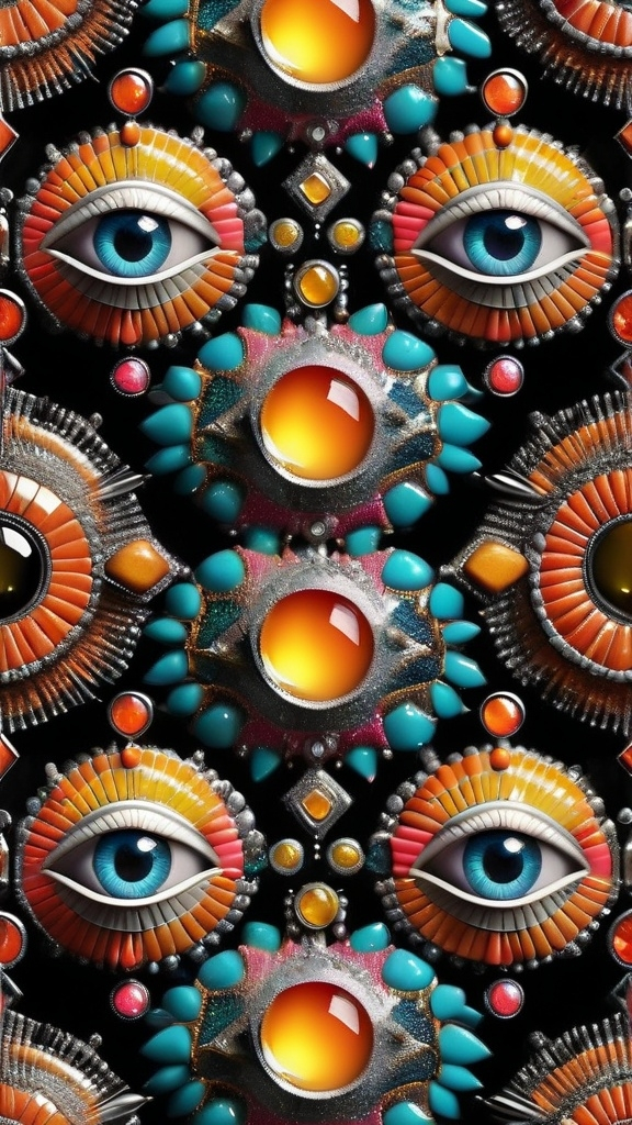 Prompt: Create an extremely hyper-realistic, ultra super textural, weird, trippy, surreal, psychedelic pattern/design based on escheresque tiling, with lots of human eyes (crazy colorful compound psychedelic), rows of human teeth, human lips, and tongues. Include mineral crystal accents.

- **Colors**: Inspired by the elements, minerals, and metals: neon, peridot, citrine, tourmaline, pyrite, silver.
- **Textures**: Derived from any/all organic elements, minerals, metals, crystals, organic things mentioned in this prompt.

**Composition and Layout**:
- Spherical layout/composition
- escheresque  tiling
- hyperbolic forms and structures
-zoomed out creating a surreal pattern/design using arabesque tiling

**Lighting**:
- Lots of bright light

**Detail and Atmosphere**:
- Extreme hyperrealistic sharp high detail high definition organic and mineral textures
- Psychedelic, weird, odd, surreal atmosphere
- Frozen in time

**Additional Elements**:
- Diatoms, extra rows of teeth, lips, many eyes,fungus

Capture this scene using a Leica Summilux-M 35mm t/1.4 ASPH film for a hyper-realistic effect.