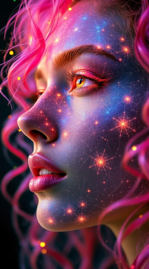 Prompt: Her face is a modular masterpiece—cheekbones traced with the shimmer of moonshine symmetry, every angle tuned to a hidden harmonic. Newton fractal veins glow faintly beneath translucent skin, shifting in color with each emotion. Her eyes burn with prime number fire, irises tiled in Penrose symmetry, blinking with curved light logic. Laughter echoes in Hilbert paths across her cheeks—space-filling joy spirals, soft and bright. Hair spills around her in radiant pink curls, styled by quasiperiodic forces and recursive wave equations—each strand flowing in luminous fractal tension. Geometry pulses at the hairline, recursive symbols glinting in neon mathdust. She is wrapped in hyperbolic aura-rings, layered in color-feedback like living topology, her presence refracting sacred math through joy, emotion, and colorfields.”

⸻

Visual Keywords:
Modular face symmetry, Newton glow skin, Penrose-tiled irises, Hilbert smile trails, pink recursive curls, fractal symbol halo, hyperbolic color aura, neon mathdust, prime fire eyes